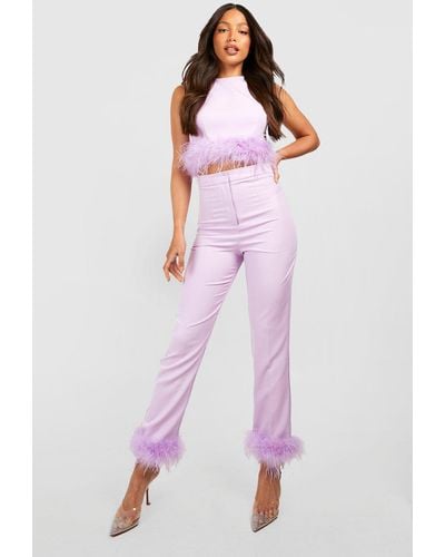 Boohoo Tall Premium Cigarette Fluffy Feather Trim Pants - Pink