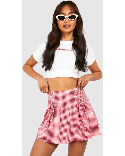 Boohoo Crinkle Gingham Pleated Mini Skirt - Pink