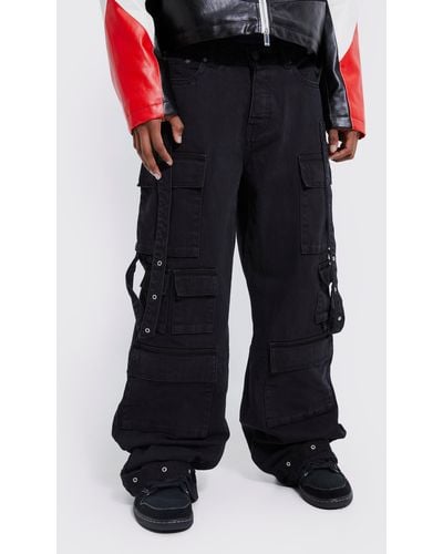 BoohooMAN Baggy Rigid Multi Pocket Flare Jeans - Black