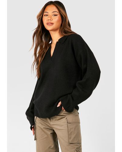 Boohoo Soft Knit Polo Collar Sweater - Black