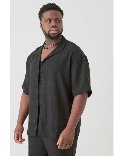BoohooMAN Plus Short Sleeve Drop Revere Linen Shirt In Black - Grau