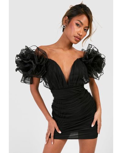 Boohoo Tulle Rouched Mini Dress - Black