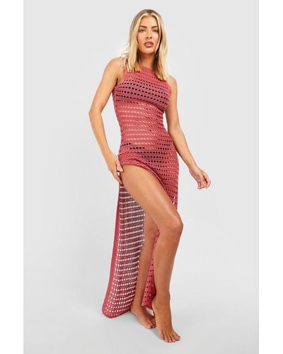 Boohoo Recycled Crochet Low Back Maxi Beach Dress - Red
