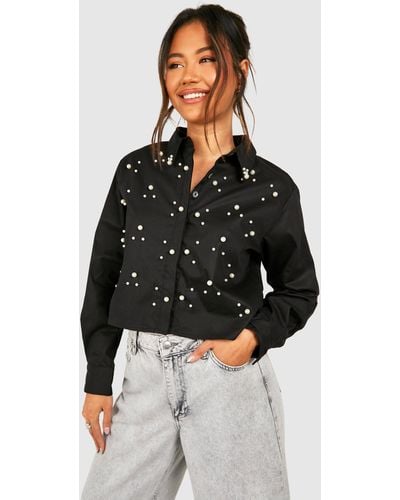 Boohoo Pearl Embellished Poplin Shirt - Black