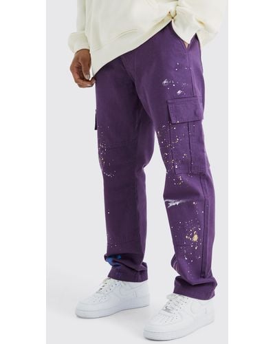 BoohooMAN Straight Leg Cargo All Over Paint Splatter Trouser - Purple