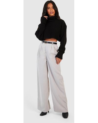 Boohoo Petite Tailored Wide Leg Trouser With Belt - Grey