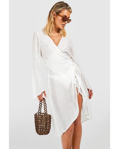 Boohoo Linen Look Belted Wrap Beach Dress - White