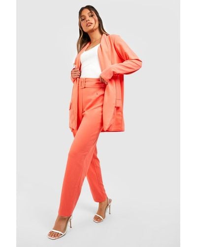 Boohoo Tailored Jersey Knit Blazer & Self Fabric Belt Pants Suit - Orange