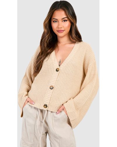 Boohoo Wide Sleeve Fisherman Knit Button Through Cardigan - Natural