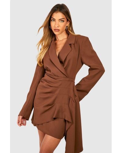 Boohoo Wrap Detail Blazer Dress - Brown
