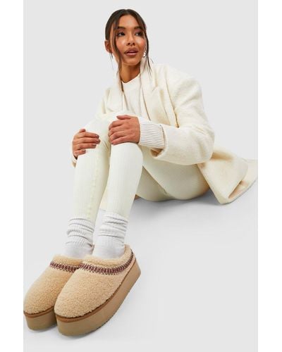 Boohoo Borg Embroidered Platform Cozy Mules - Natural
