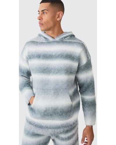 BoohooMAN Regular Knitted Brushed Stripe Hoodie In Teal - Blue