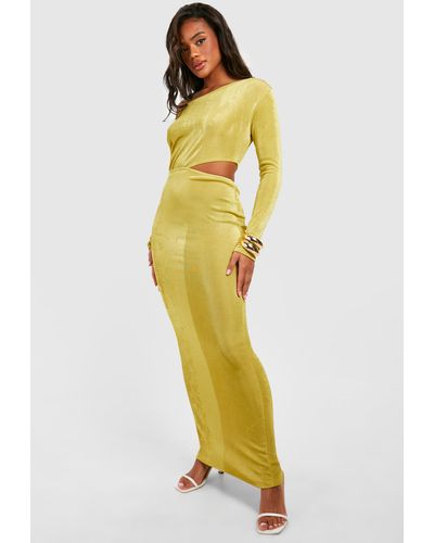 Boohoo Slash Neck Ruched Acetate Slinky Cut Out Maxi Dress - Yellow