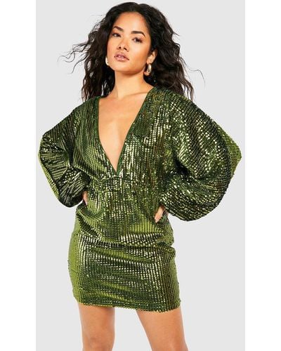 Boohoo Sequin Blouson Sleeve Mini Dress - Green