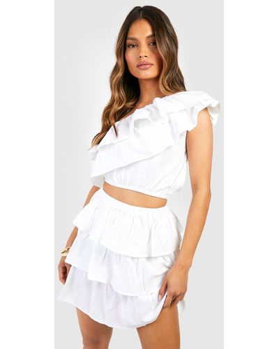 Boohoo One Shoulder Ruffle Top & Mini Skirt - White
