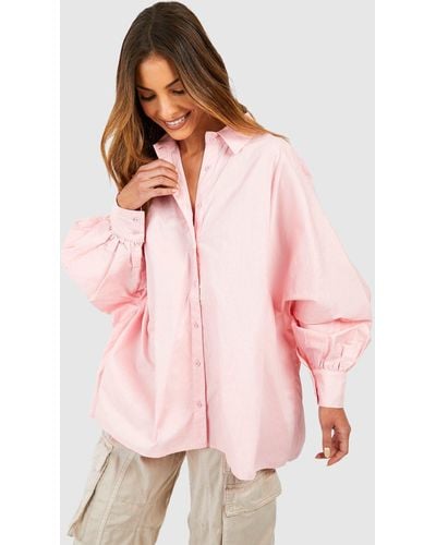 Boohoo Oversized Puff Sleeve Cotton Poplin Shirt - Pink