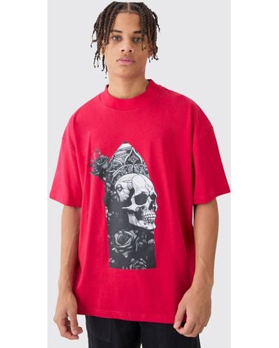 BoohooMAN Oversized Extended Neck Skull T-shirt - Red