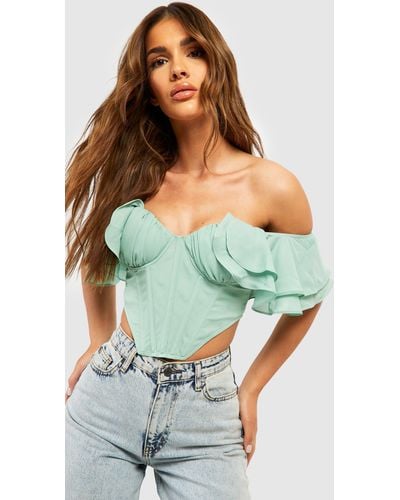 Boohoo Ruffle Sleeve Off The Shoulder Structred Corset Top - Green