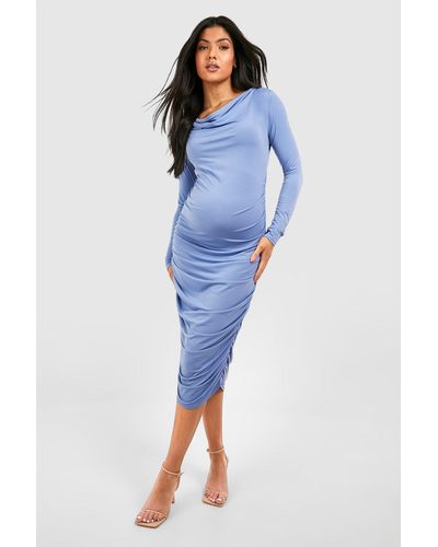 Boohoo Maternity Long Sleeve Slinky Cowl Neck Midi Dress - Blue