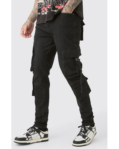 BoohooMAN Tall Stretch Skinny Cargo Pocket Detail Jean In True Black