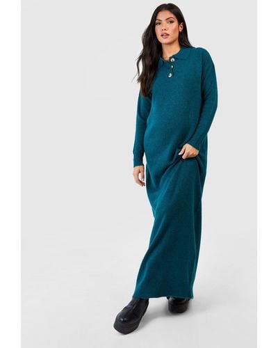 Boohoo Maternity Polo Button Collar Knitted Maxi Dress - Blue