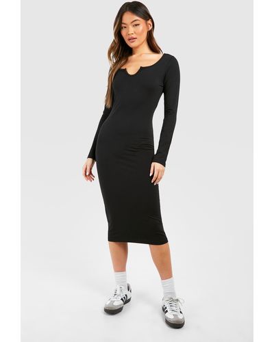 Boohoo Notch Neck Long Sleeve Jersey Midi Dress - Black