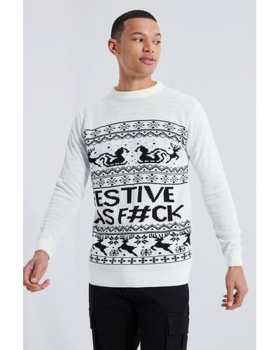 BoohooMAN Tall Festive Slogan Christmas Sweater - White