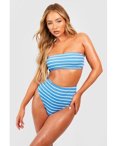 Boohoo Stripe Crinkle Bandeau Bikini Top - Blue