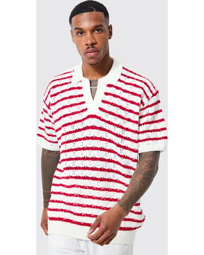 BoohooMAN Short Sleeve Oversized Crochet Stripe Polo - Red