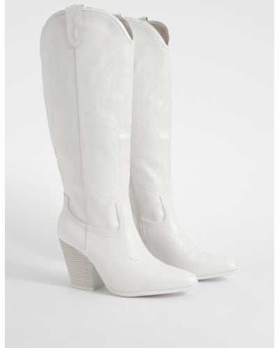 Boohoo Embroidered Knee High Western Cowboy Boots - White