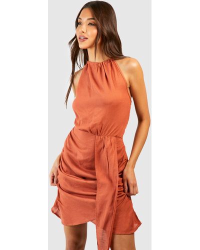 Boohoo Linen Halter Drape Detail Mini Dress - Orange