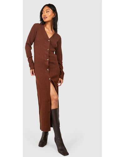 Boohoo Fine Gauge Rib Knit Maxi Cardigan - Brown