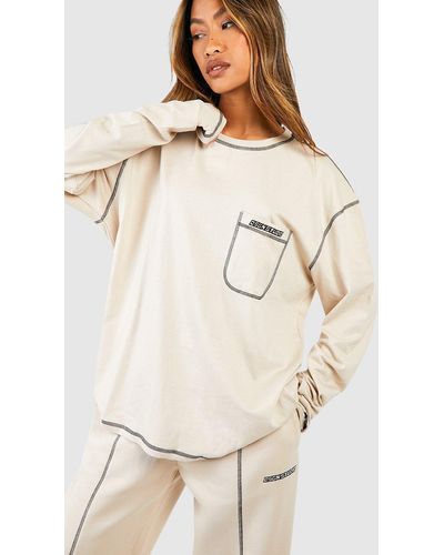 Boohoo Contrast Stitch Embroidered Long Sleeve Oversized T-shirt - Natural