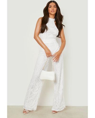 Boohoo Lace Halter Occasion Jumpsuit - White