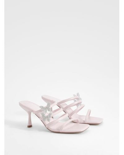 Boohoo Butterfly Emellished Multi Strap Heeled Mules - White