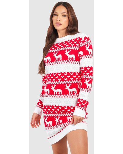 Boohoo Tall Hearts And Reindeer Fairisle Christmas Sweater Dress - Red