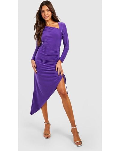 Boohoo Double Slinky Rouched Asymmetric Midaxi Dress - Purple