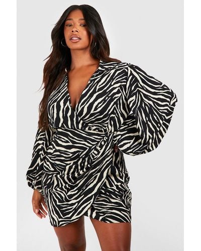 Boohoo Plus Zebra Print Blouson Sleeve Wrap Dress - Black