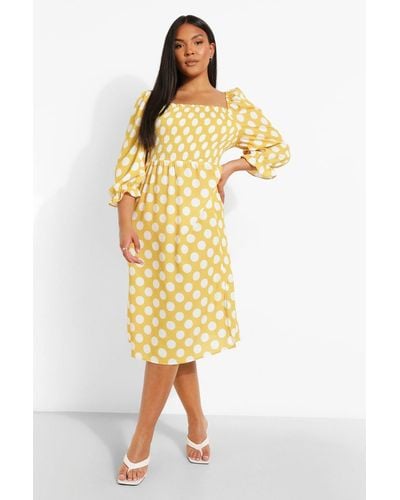 Boohoo Plus Polka Dot Shirred Puff Sleeve Midi Dress - Yellow