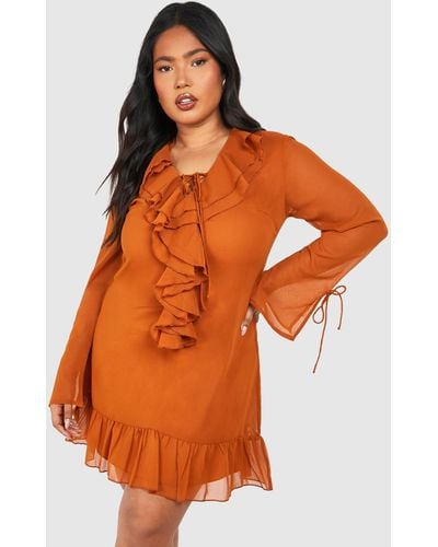 Boohoo Plus Woven Ruffle Detail Long Sleeve Shift Dress - Orange