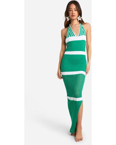Boohoo Tall Crochet Beach Halterneck Stripe Maxi Dress - Green