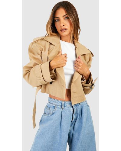 Boohoo Crop Belted Trench Coat - Blue
