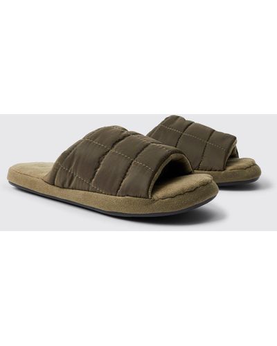 BoohooMAN Open Toe Quilted Nylon Slippers - Green