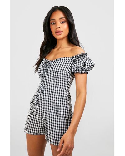 Boohoo Gingham Tie Detail Off The Shoulder Romper - Black