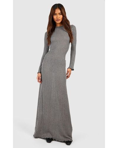 Boohoo Tall Knitted Stripe Scoop Back Flare Sleeve Maxi Dress - Gray