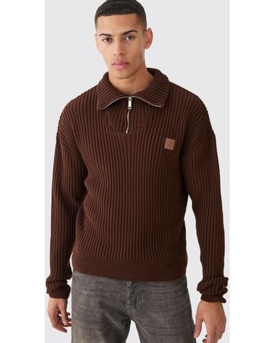 BoohooMAN Funnel Neck 1/4 Zip Ribbed Knit Sweater - Brown