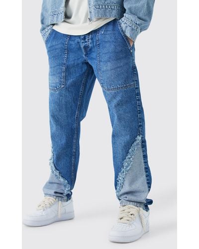 Boohoo Relaxed Rigid Frayed Spliced Jeans In Mid Blue
