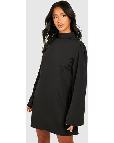 Boohoo Petite High Neck Flare Sleeve Woven Shift Dress - Black