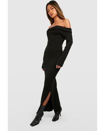 Boohoo Oversized Bardot Neckline Knitted Maxi Dress - Black