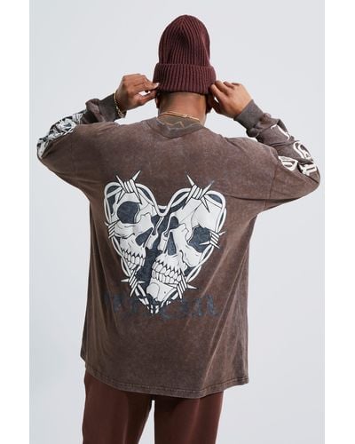 BoohooMAN Oversized Long Sleeve Washed Graphic T-shirt - Brown